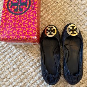 Tory Burch Black Flats with Gold Logo
